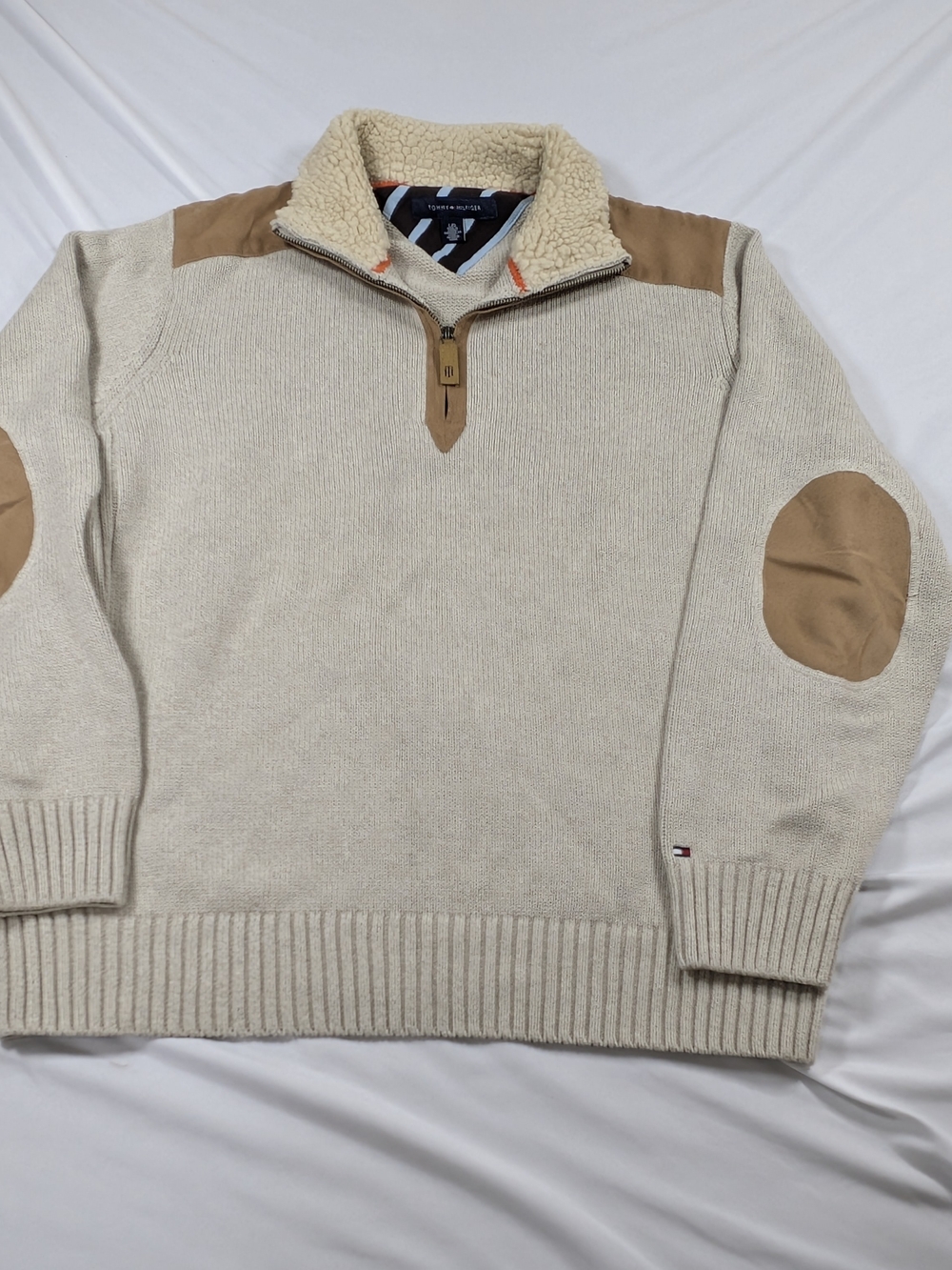Tommy Hilfiger Mens Large Oatmeal Half Zip Sweater Faux Shearling Elbow Patches